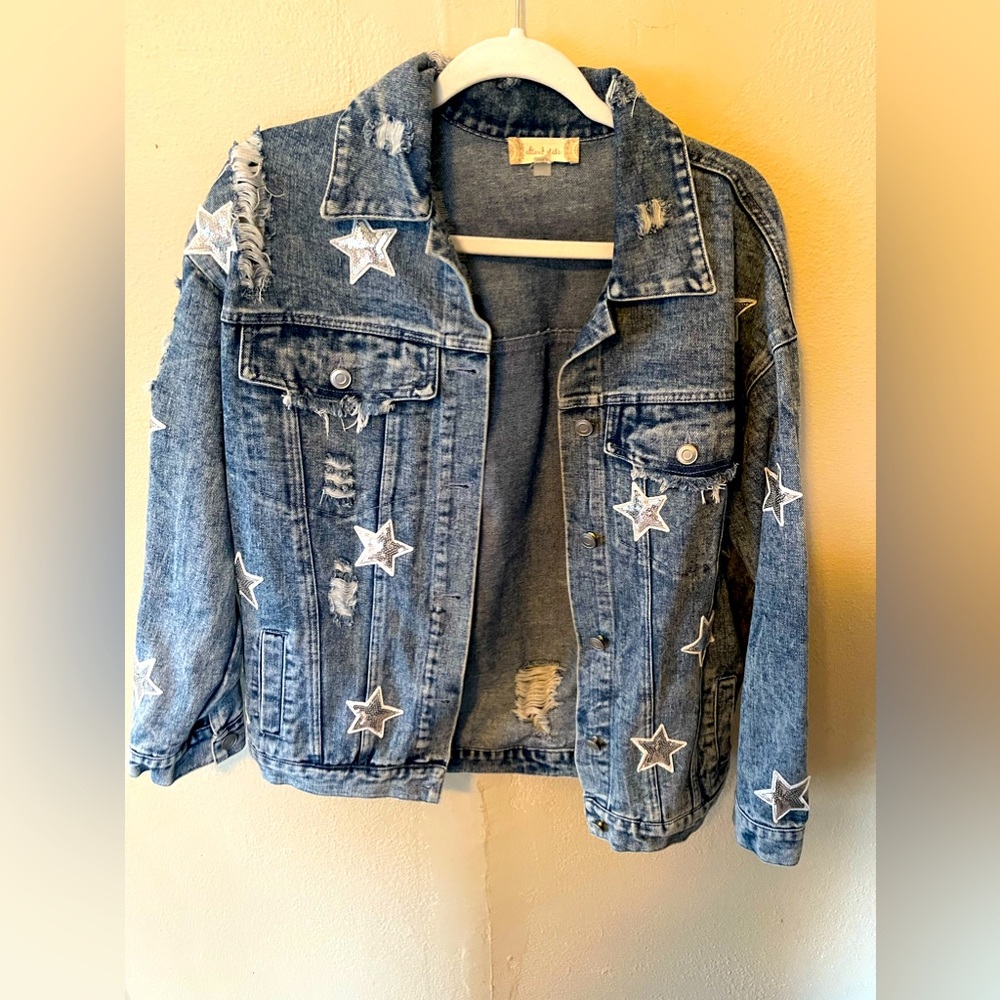 Distressed Denim Jacket with Sequin Stars